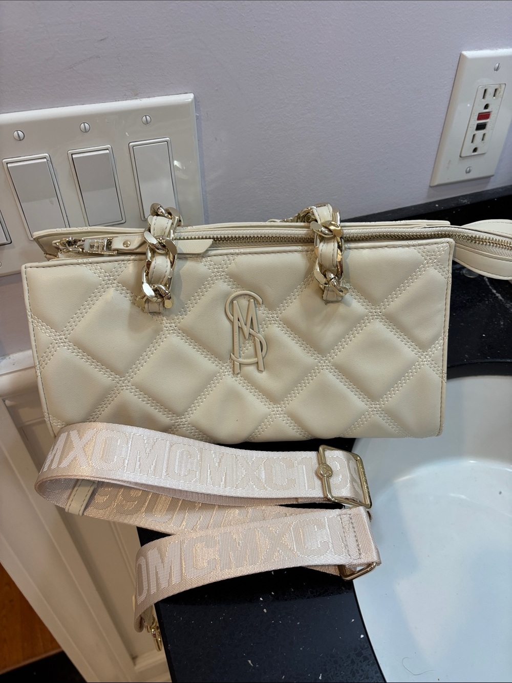 Steve Madden Cream Quilted Crossbody Bag with Logo and Strap